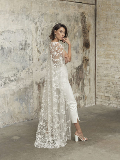 NumberSea - NumberSea 2024 Wedding Jumpsuit With Cape Beach Wedding Dresses V Neck Tea Length Lace Bridal Outfit Wedding Gowns