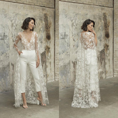 NumberSea - NumberSea 2024 Wedding Jumpsuit With Cape Beach Wedding Dresses V Neck Tea Length Lace Bridal Outfit Wedding Gowns