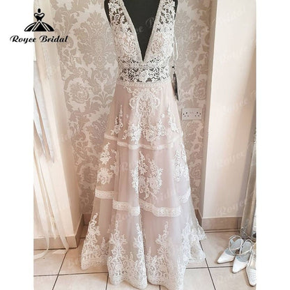 NumberSea - NumberSea 2025 Deep V Neck Lace Appliques Backless A Line Boho Beach Wedding Dress batas de novia para boda Bridal Gown for Women Sexy