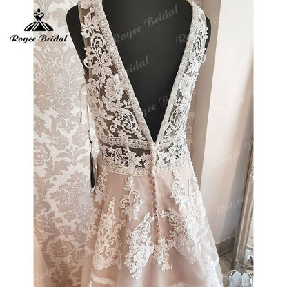 NumberSea - NumberSea 2025 Deep V Neck Lace Appliques Backless A Line Boho Beach Wedding Dress batas de novia para boda Bridal Gown for Women Sexy