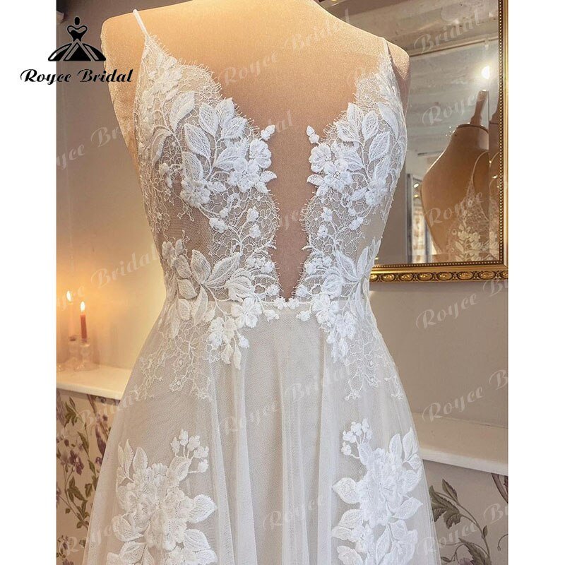 NumberSea - NumberSea 2025 Robe Mariage A Line Boho Wedding Dress with V Neck Lace Appliqued Spaghetti Straps Sweep vestido para boda playa elegant