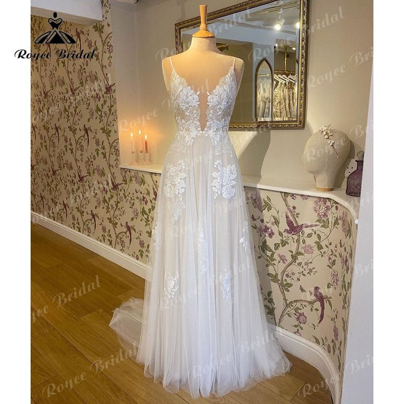 NumberSea - NumberSea 2025 Robe Mariage A Line Boho Wedding Dress with V Neck Lace Appliqued Spaghetti Straps Sweep vestido para boda playa elegant