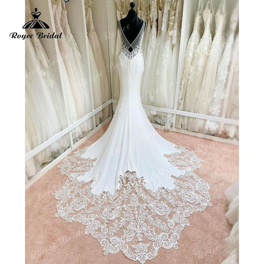 NumberSea - NumberSea 2025 Sexy Mermaid/Trumpet Lace Boho Backless Soft Satin Wedding Dress with V Neck Spaghetti Straps Wedding Gown vestido de boda