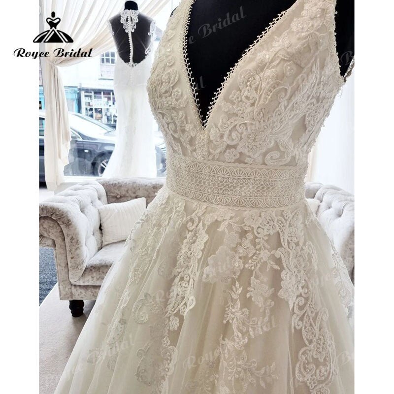 NumberSea - NumberSea 2025 Vestido Vintage V Neck Lace Appliques Lace Appliques A Line Beach Wedding Dress Sweep Train Robe Sexy Bridal Beach Summer