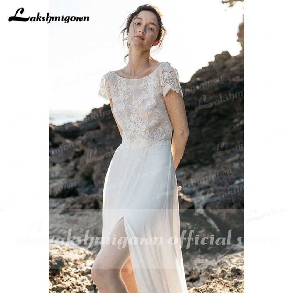 NumberSea - NumberSea 2025Two Pieces High Split Lace Top Chiffon Wedding Dress O Neck Short Sleeve Bridal Gowns robe de soirée de mariage Lakshmigown