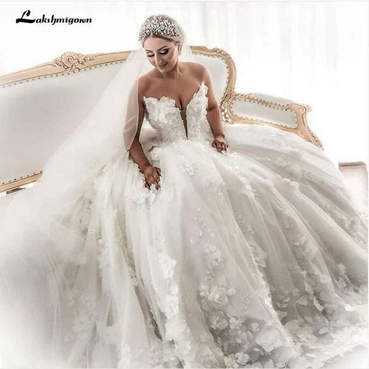 NumberSea - NumberSea 3D Flowrers Ball Gown Wedding Dresses Luxury Lace Appliqued