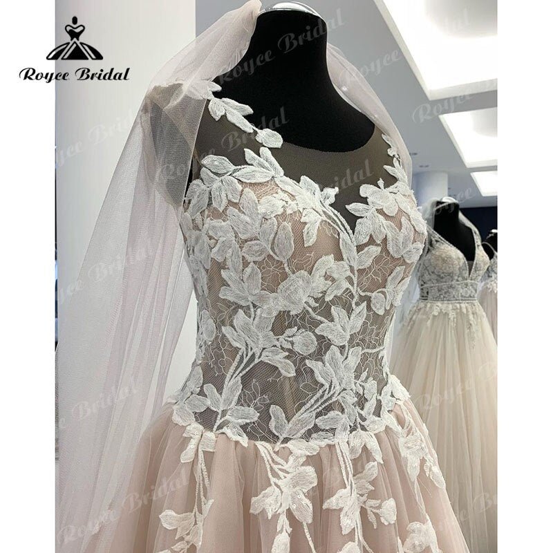 NumberSea - NumberSea A Line Boho Scoop Wedding Dress Lace Appliques Sleeveless Light Champagne Court Train 2025 Wedding Gown Robe Mariage Femme Beach