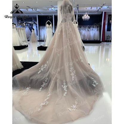 NumberSea - NumberSea A Line Boho Scoop Wedding Dress Lace Appliques Sleeveless Light Champagne Court Train 2025 Wedding Gown Robe Mariage Femme Beach