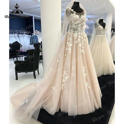 NumberSea - NumberSea A Line Boho Scoop Wedding Dress Lace Appliques Sleeveless Light Champagne Court Train 2025 Wedding Gown Robe Mariage Femme Beach