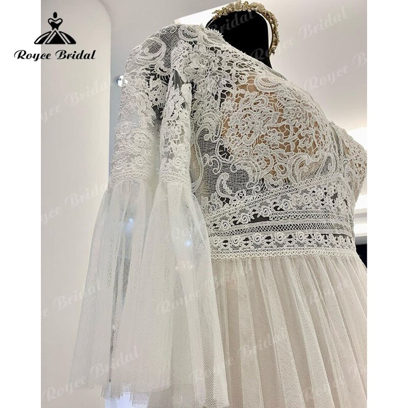 NumberSea - NumberSea A Line Boho Wedding Dress V Neck Three Quarter Flare Sleeve Lace Bodice Illusion Soft Tulle 2025 Beach Vestidos De Fiesta Bridal