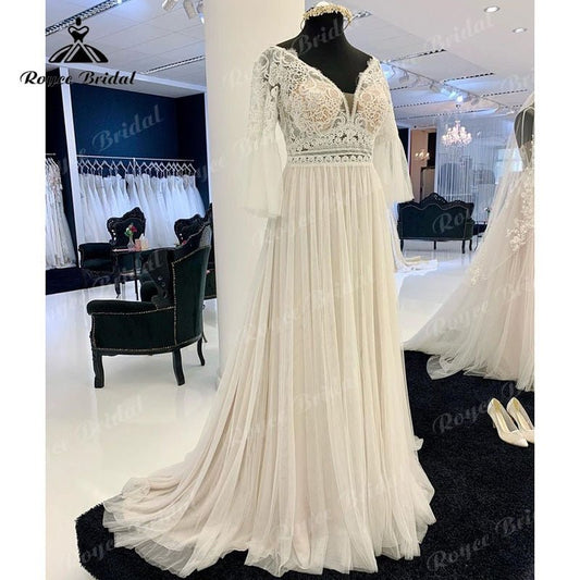 NumberSea - NumberSea A Line Boho Wedding Dress V Neck Three Quarter Flare Sleeve Lace Bodice Illusion Soft Tulle 2025 Beach Vestidos De Fiesta Bridal