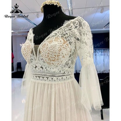 NumberSea - NumberSea A Line Boho Wedding Dress V Neck Three Quarter Flare Sleeve Lace Bodice Illusion Soft Tulle 2025 Beach Vestidos De Fiesta Bridal