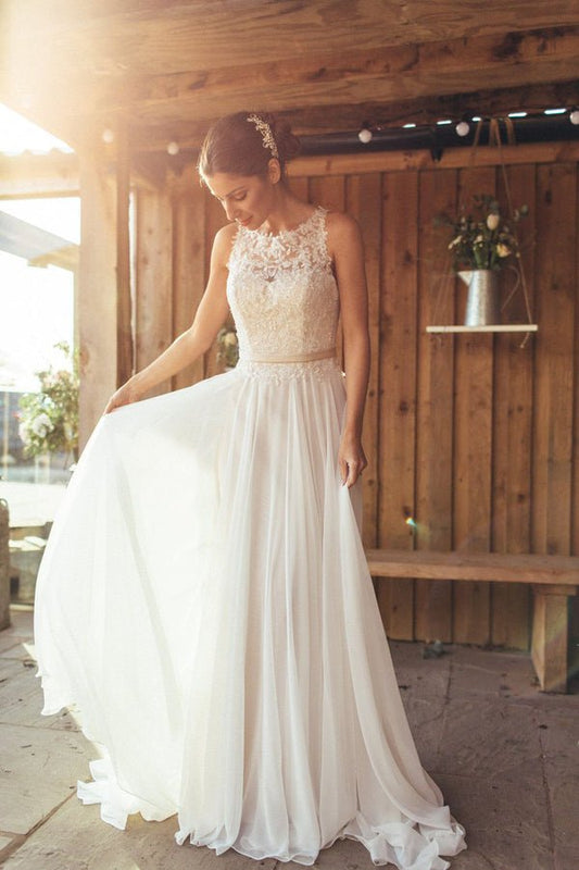 NumberSea - NumberSea A - Line Chiffon Wedding Dresses Ivory Appliques With Beadings See Through Wedding Gowns,MW375