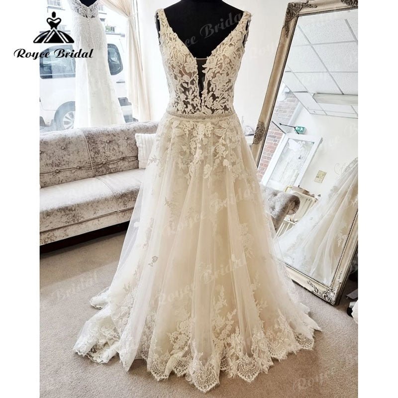 NumberSea - NumberSea A Line Lace Appliques Sleeveless Deep V Neck Boho Wedding Dress Sweep Train 2025 Summer Beach Wedding Gowns Custom Made Elegant