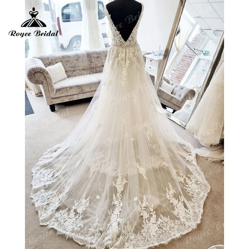 NumberSea - NumberSea A Line Lace Appliques Sleeveless Deep V Neck Boho Wedding Dress Sweep Train 2025 Summer Beach Wedding Gowns Custom Made Elegant