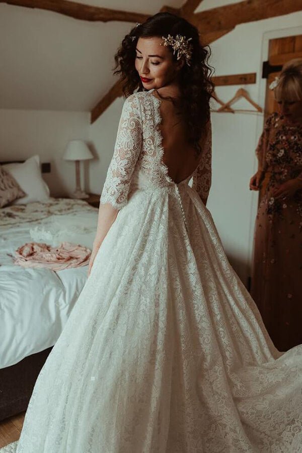 NumberSea - NumberSea A - line Lace Half Sleeves Backless Vintage Wedding Dresses, Bridal Gown, MW776