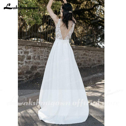 NumberSea - NumberSea A Line Lace Sleeveless Beach Boho Romantic Wedding Dresses