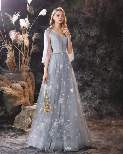 NumberSea - NumberSea A Line Long Sleeve V Neck Lace Backless Light Blue Flowers Wedding Dresses