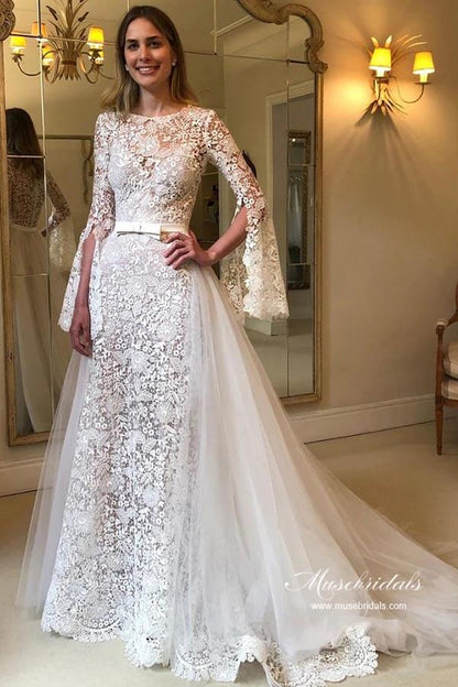 NumberSea - NumberSea A - line Long Sleeves Floral Lace Wedding Dresses With Detachable Train, MW953