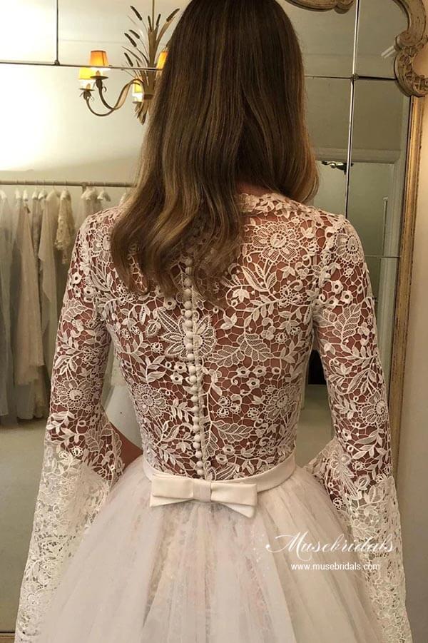 NumberSea - NumberSea A - line Long Sleeves Floral Lace Wedding Dresses With Detachable Train, MW953