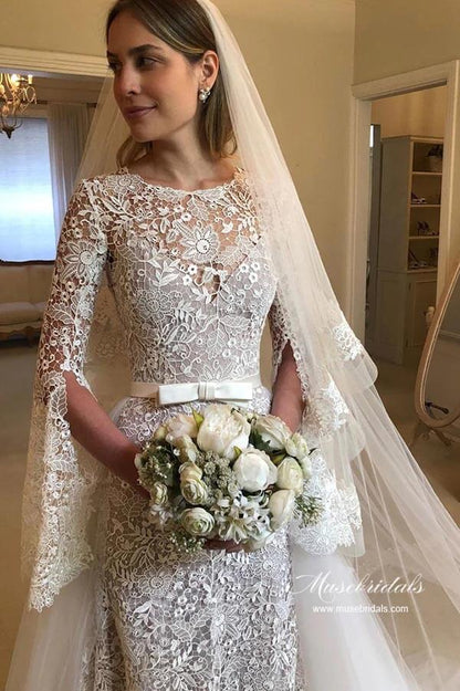 NumberSea - NumberSea A - line Long Sleeves Floral Lace Wedding Dresses With Detachable Train, MW953