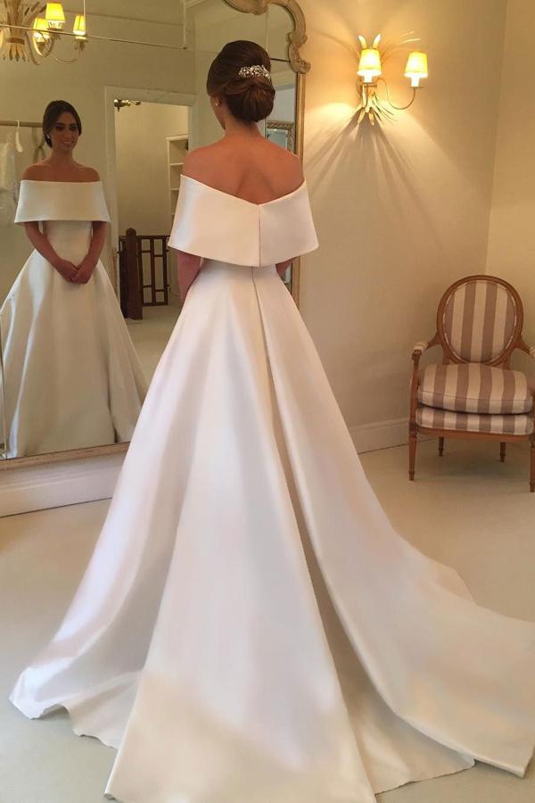 NumberSea - NumberSea A - line Off Shoulder Simple Satin Long Bridal Gown, Hot Wedding Dresses, MW256