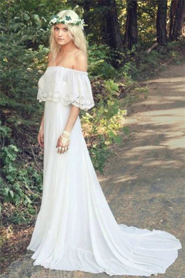 NumberSea - NumberSea A - line Off the Shoulder Bohemian Lace Chiffon Ivory Summer Beach Wedding Dresses,MW344