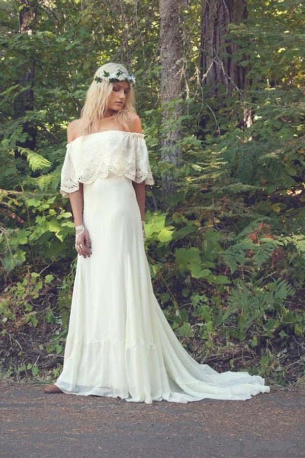 NumberSea - NumberSea A - line Off the Shoulder Bohemian Lace Chiffon Ivory Summer Beach Wedding Dresses,MW344