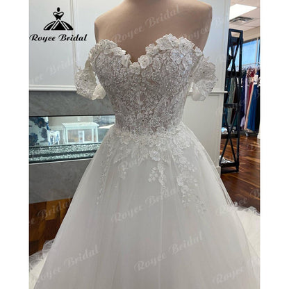 NumberSea - NumberSea A Line Off the Shoulder Lace Floral Princess Cap Sleeve Wedding Dress 2025 Robe Mariee Wedding Gowns for Bride vestido de novia