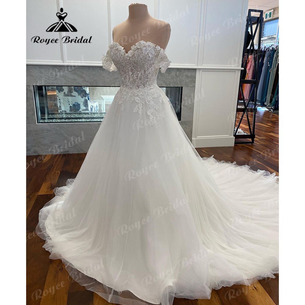 NumberSea - NumberSea A Line Off the Shoulder Lace Floral Princess Cap Sleeve Wedding Dress 2025 Robe Mariee Wedding Gowns for Bride vestido de novia