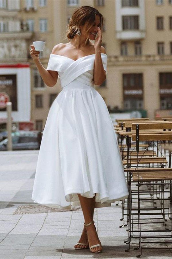 NumberSea - NumberSea A - line Satin Off Shoulder Tea - Length Wedding Dresses, Wedding Gown, MW721