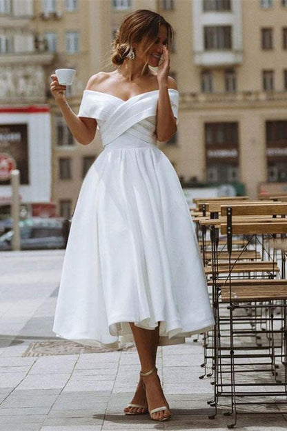 NumberSea - NumberSea A - line Satin Off Shoulder Tea - Length Wedding Dresses, Wedding Gown, MW721