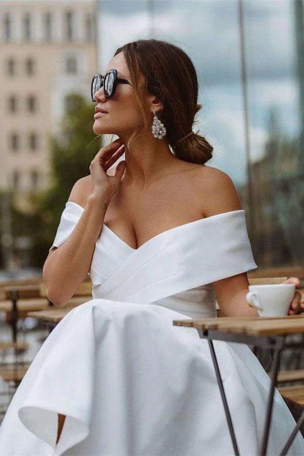 NumberSea - NumberSea A - line Satin Off Shoulder Tea - Length Wedding Dresses, Wedding Gown, MW721