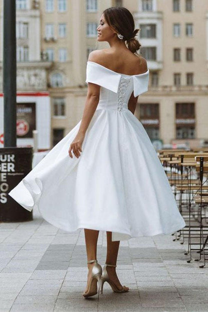 NumberSea - NumberSea A - line Satin Off Shoulder Tea - Length Wedding Dresses, Wedding Gown, MW721