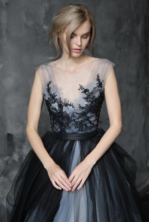 NumberSea - NumberSea A - line Scoop Black Applique Soft Tulle Wedding Dress