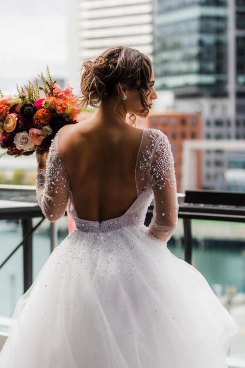 NumberSea - NumberSea A - Line Scoop Long Sleeve Pearl Princess Wedding Dress With Backless,MW389