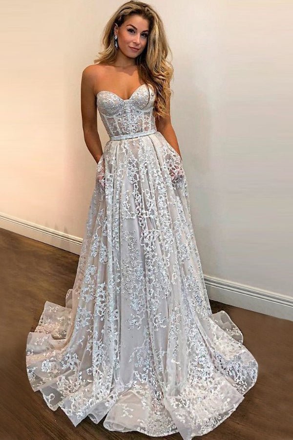 NumberSea - NumberSea A - line Sweetheart Strapless Sweep Train Lace Pockets Wedding Dress with Sequins,MW342