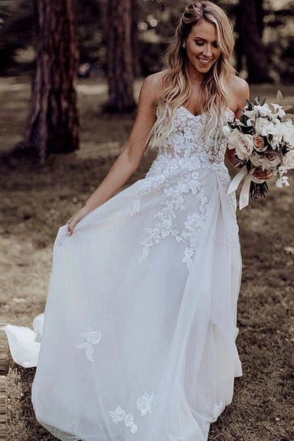 NumberSea - NumberSea A - Line Sweetheart Sweep Train Wedding Dress with Appliques Beading, MW309