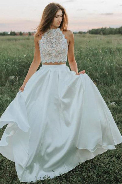 NumberSea - NumberSea A - line Two Pieces Lace Top Wedding Dresses With Pockets, Bridal Gown, MW837