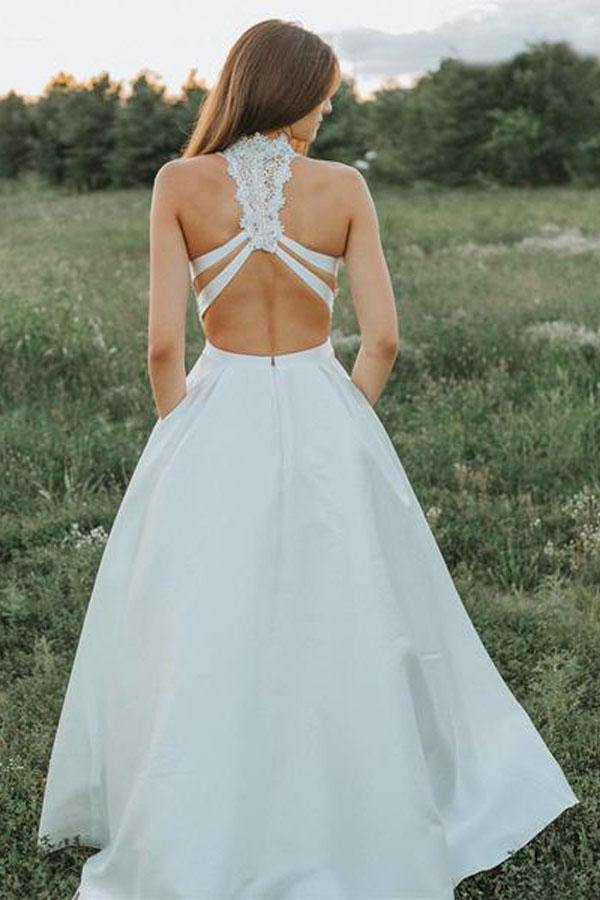 NumberSea - NumberSea A - line Two Pieces Lace Top Wedding Dresses With Pockets, Bridal Gown, MW837