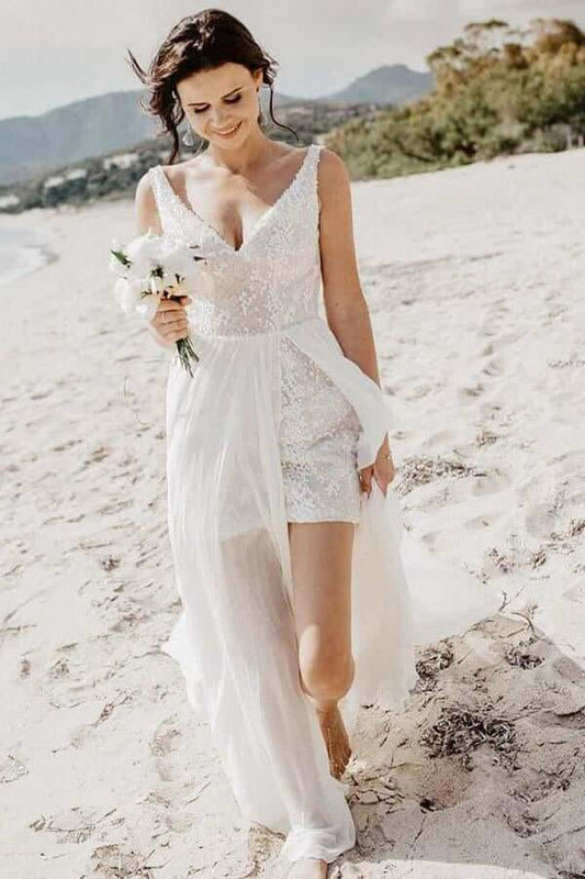 NumberSea - NumberSea A - line V - neck Detachable Train Summer Bridal Gown, Beach Wedding Dress, MW740