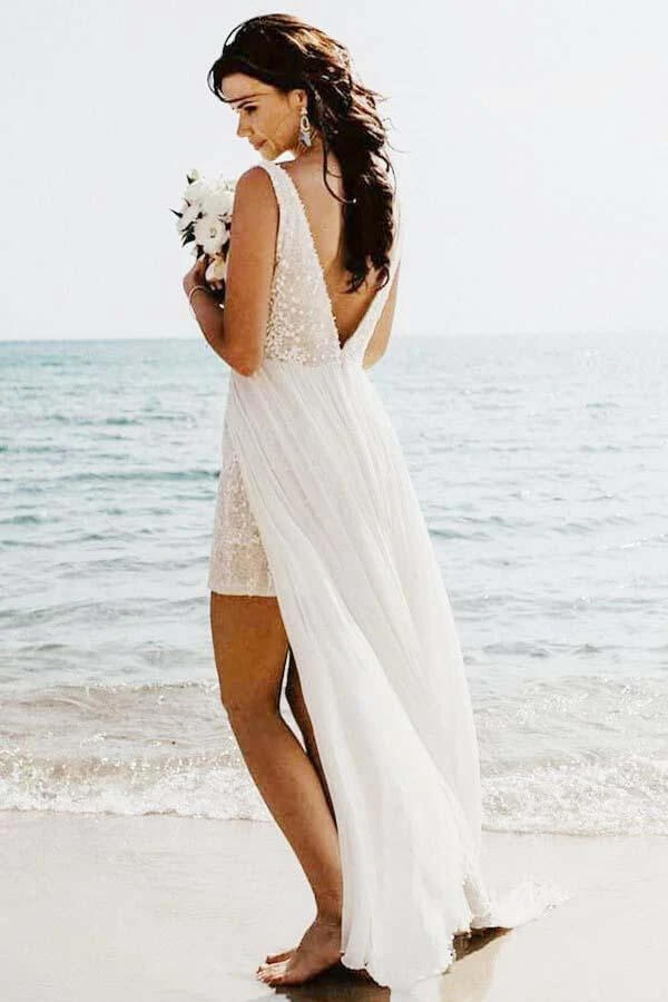 NumberSea - NumberSea A - line V - neck Detachable Train Summer Bridal Gown, Beach Wedding Dress, MW740