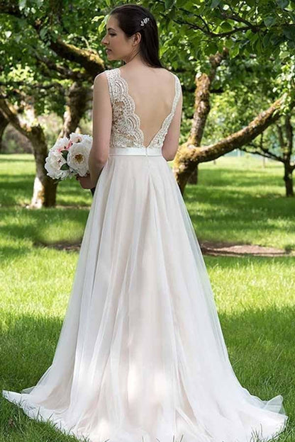 NumberSea - NumberSea A - line V - neck Lace Top Tulle Skirt Beach Wedding Dresses, Wedding Gown, MW743