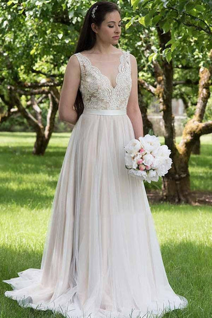 NumberSea - NumberSea A - line V - neck Lace Top Tulle Skirt Beach Wedding Dresses, Wedding Gown, MW743