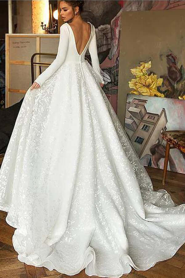 NumberSea - NumberSea A - line V - neck Long Sleeves Wedding Dresses With Court Train, Bridal Gown, MW782