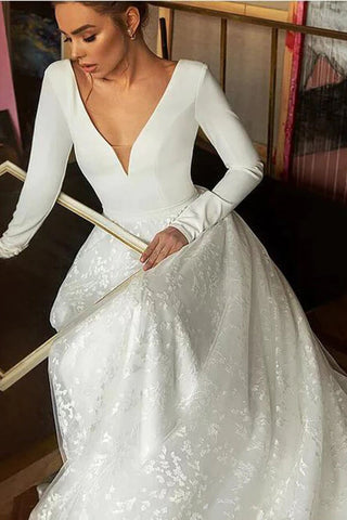 NumberSea - NumberSea A - line V - neck Long Sleeves Wedding Dresses With Court Train, Bridal Gown, MW782