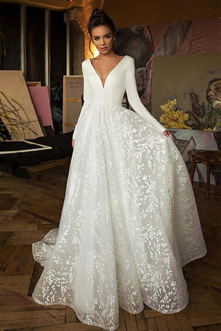 NumberSea - NumberSea A - line V - neck Long Sleeves Wedding Dresses With Court Train, Bridal Gown, MW782