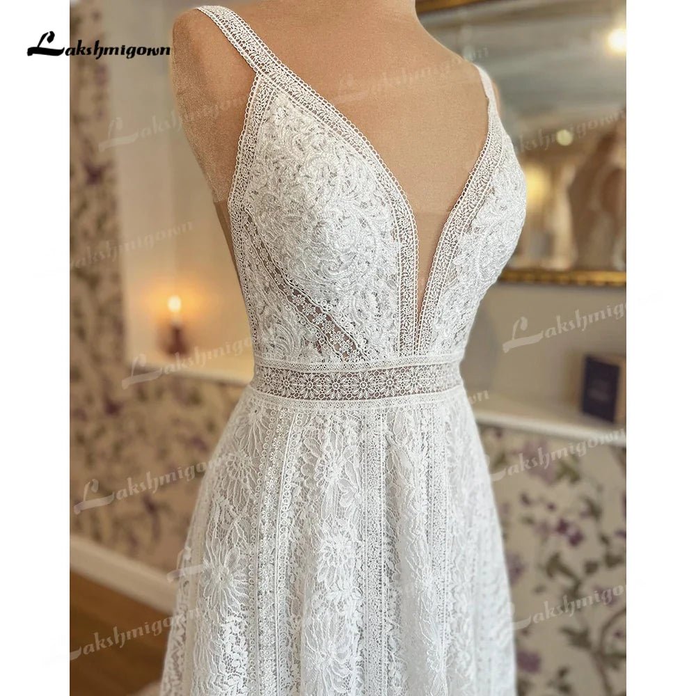 NumberSea - NumberSea A Line Wedding Dresses Sexy V Neck Lace Appliques Spaghetti Straps For Women Bridal Gown Sweep Vestidos De Novia