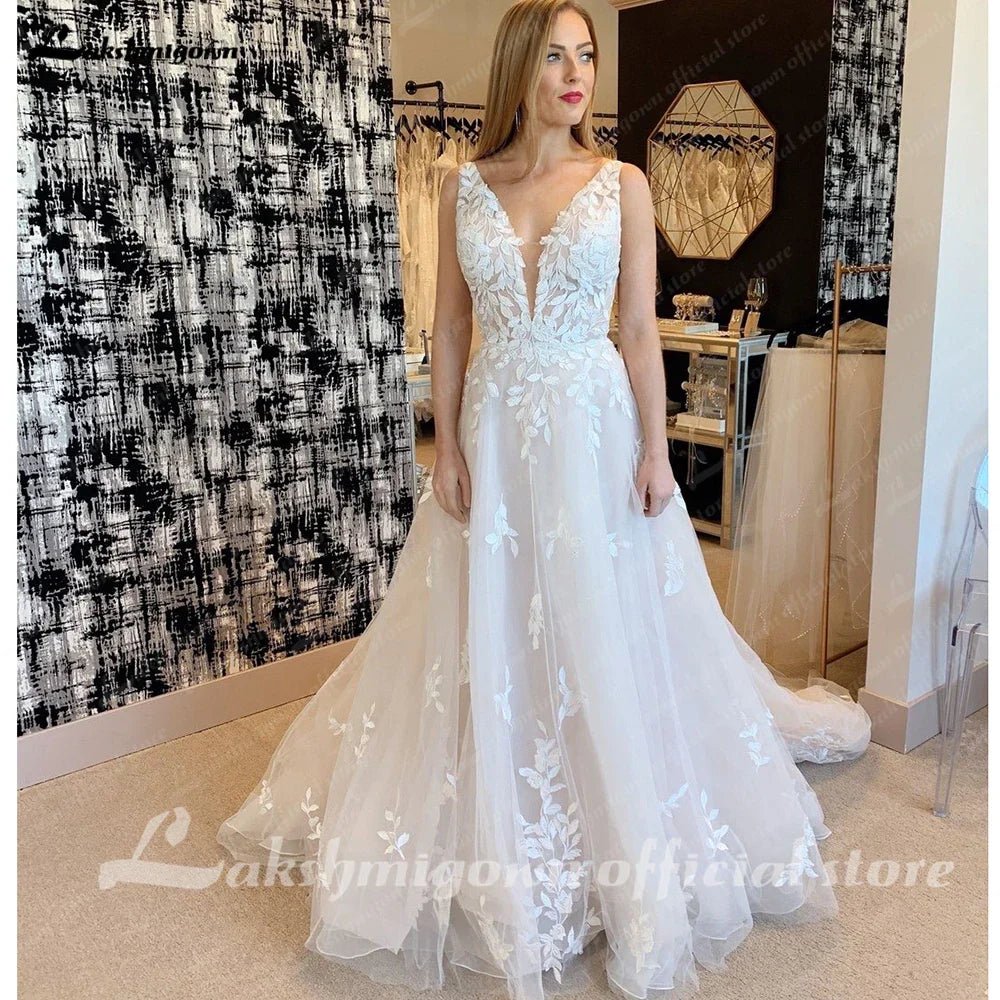 NumberSea - NumberSea A line Wedding Dresses V - neck Custom - Made Court Train Appliques Sleeveless Bridal Gown Robe De Mariée