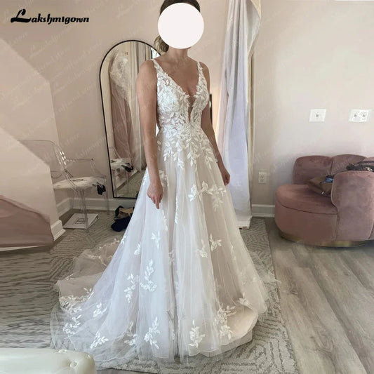 NumberSea - NumberSea A line Wedding Dresses V - neck Custom - Made Court Train Appliques Sleeveless Bridal Gown Robe De Mariée